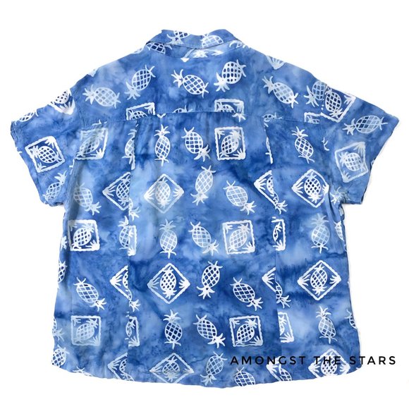 Pineapple Blue White Tie Dye Button Down Shirt Top - Picture 5 of 7